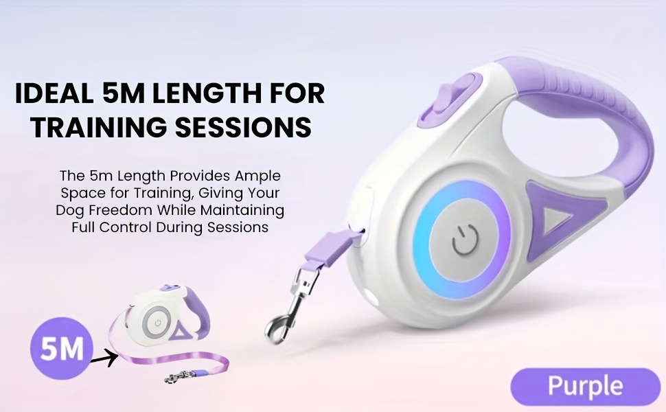 16ft 5m Retractable Dog Leash with LED Flash Light - 6 Color Streamer Conversion, Durable ABS Material, Battery-Powered for Nighttime Walks, Purple&Orange Options, Outdoor Pet Accessory | Sleek Pet Leash | Ergonomic Design, Leash for Dogs