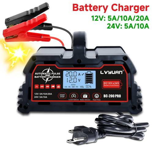 20 car battery charger 12v 24v automotive charger lead acid battery lifepo4 battery maintainer with lcd display trickle charger for lawn mower motorcycle agm std gel efb etc