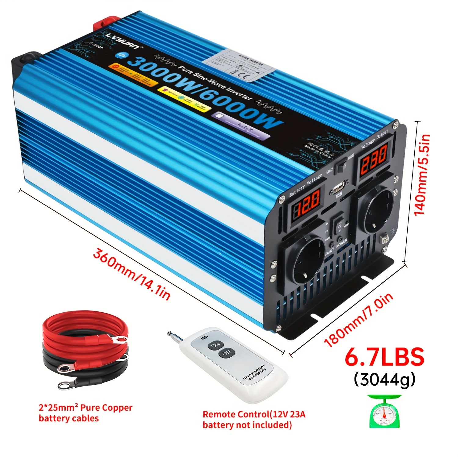 Image of Lvyuan Pure Sine Inverter 3000 Watt/6000w () 12v To 220v Ac Converter, 2 Ac Outlets Car Inverter With Led Display For Truck Camping, Without Battery