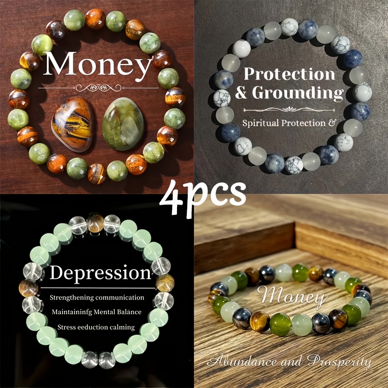 E-shop 4er-Set Naturstein Stretch Armbänder Damenmode - Böhmischer Stil, Amulett und Wohlstandscharme, handgefertigte Perlen Schmuckstücke, mit