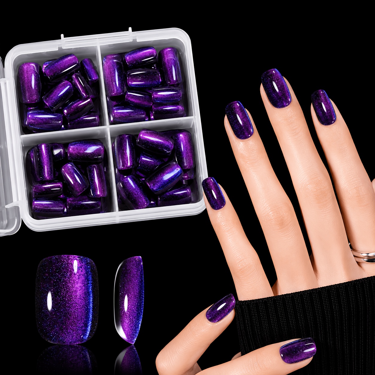 TEMU 120pcs Square Cat Eye False Nail Set, Premium Fashion Texture Salon Nail Wearable Nails, Women's Temperament Enhancing Reusable, Suitable For