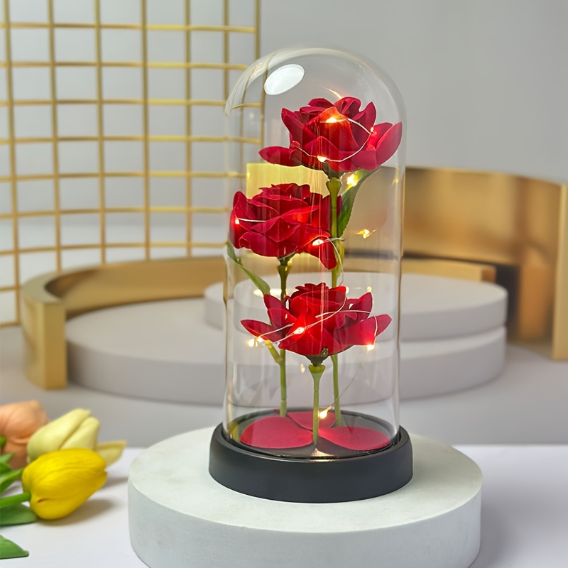 TEMU Valentine's Day Decorative Gifts Will Glow Artificial Flowers 3 Red Roses Glass Cover Home Decoration San Valentin Mother's Day To Send Mother's