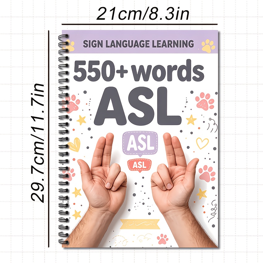 TEMU Asl Learning & Workbook: 8..7 Inches, 23 Sheets, 550 Asl Words; Spiral-bound; Features A Light Pinkish-purple "paw Print" Theme And A Cover The