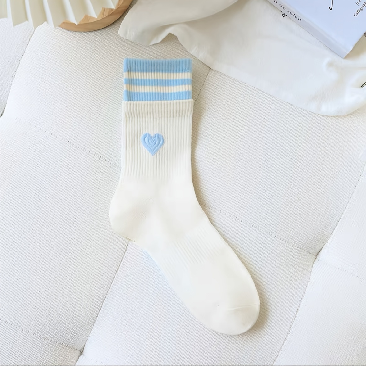 Image of 1-pair Double Ribbed Heart Socks - 8 Colors | Striped Midsole & Dopamine Outfit Base Layer | Sweet Sporty Suitable For, Gym, Casual Attire | Machine Washable Seasonal Fashion Socks