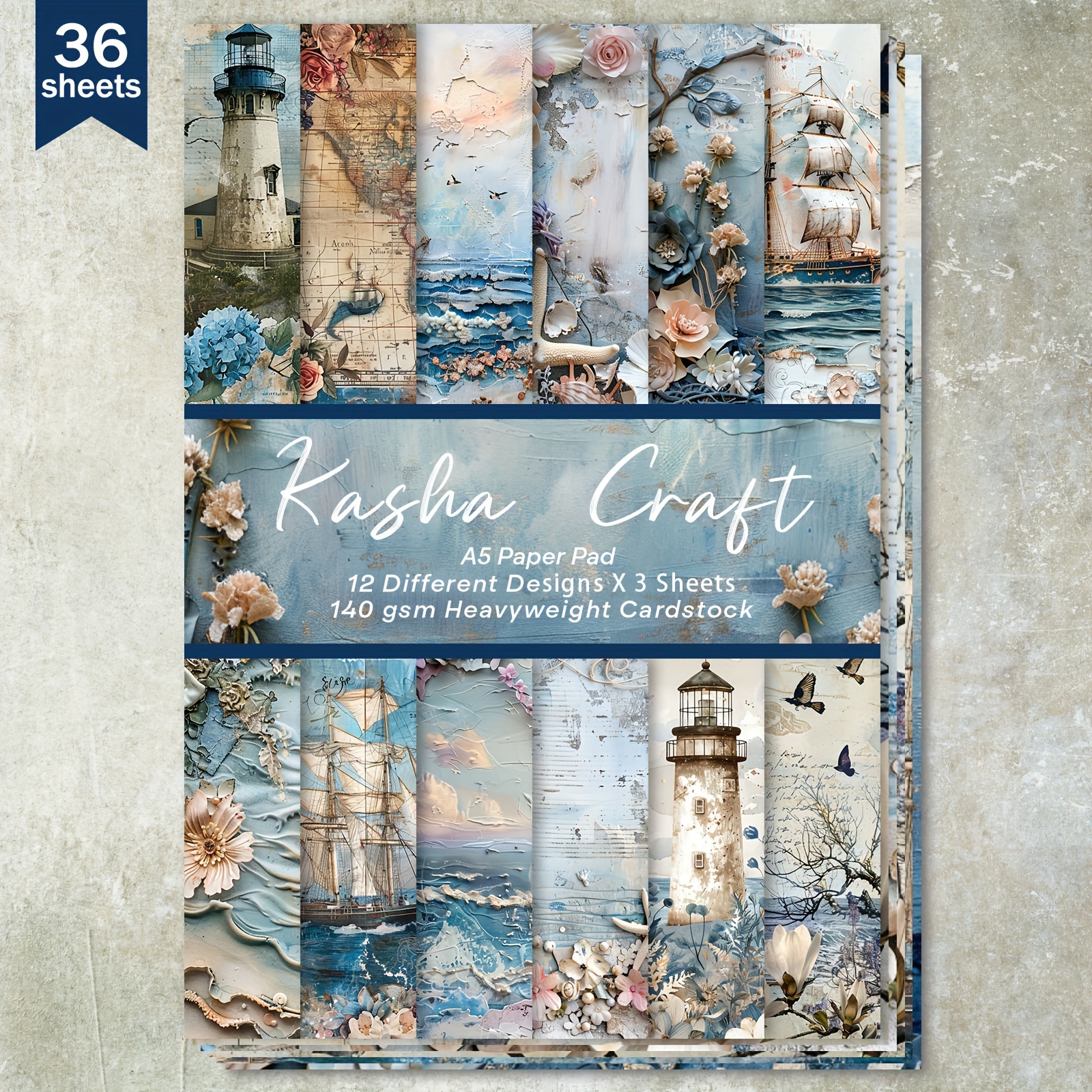 

36-pack A5 Heavyweight Cardstock, Nautical Beach And With Maritime Ships, Vintage Map Backdrops For Scrapbooking, Bullet Journals, Card Making, And Crafts