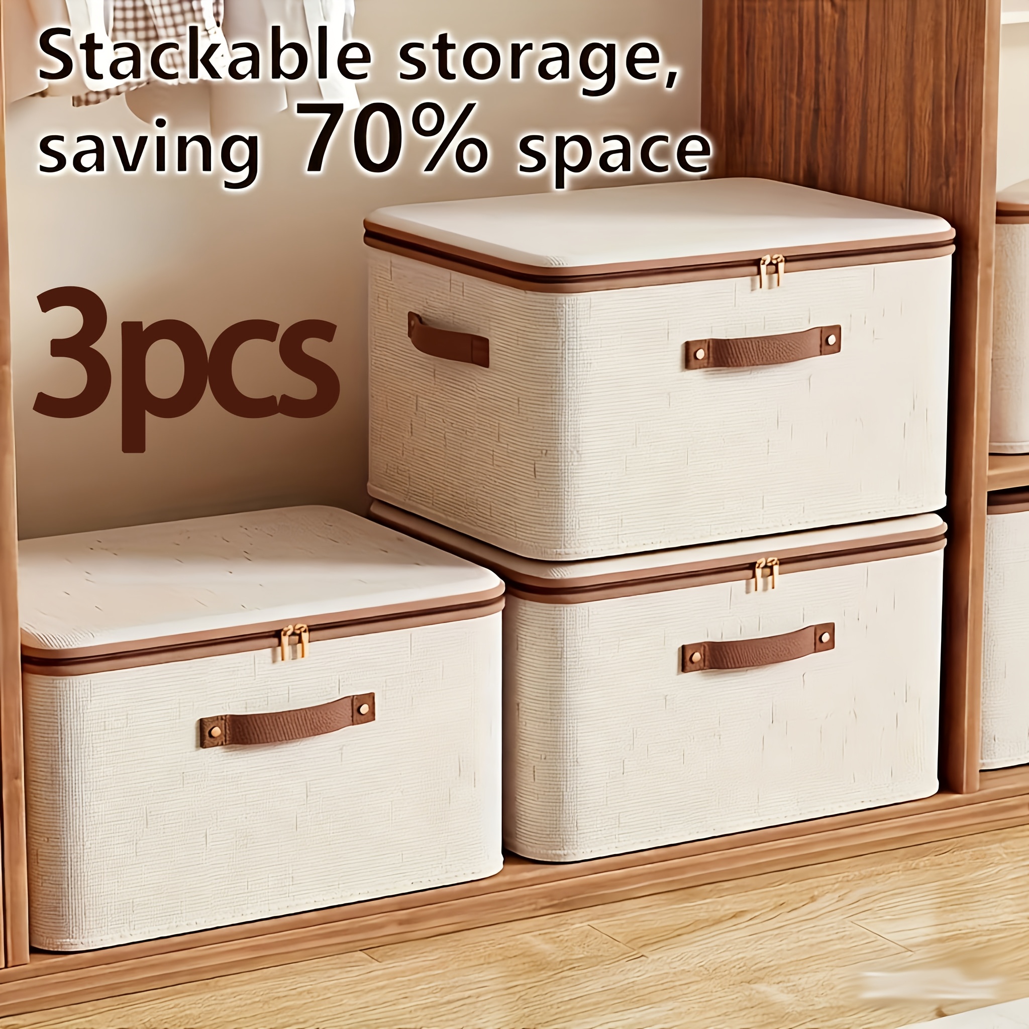 3pcs/Set Minimalist Beige Zipper Storage Box with Lid