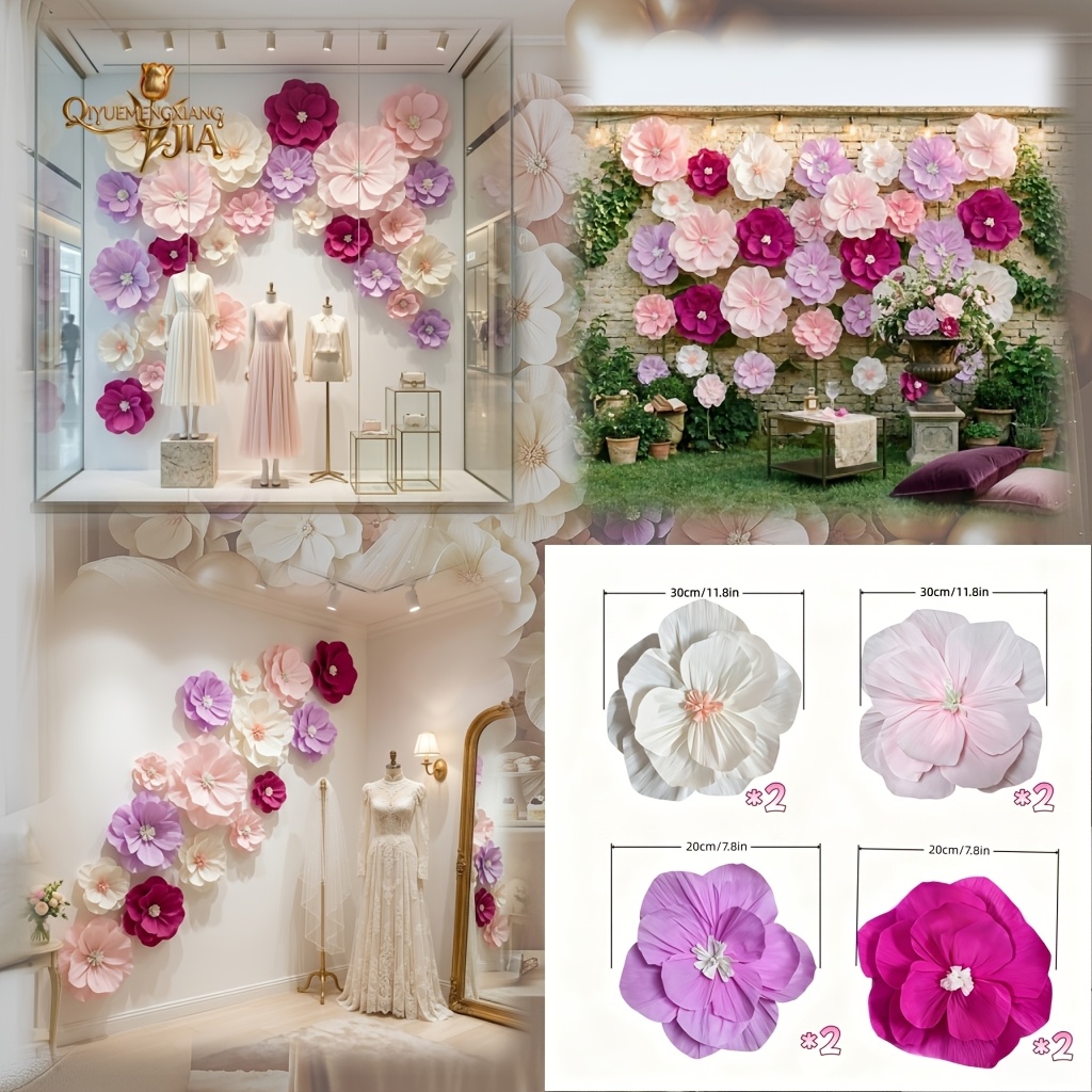 TEMU 8pcs Artificial Paper Flowers (30cm/11.8in X 20cm/7.8in), Flowers, Pink Series Artificial Paper Flowers, Paper Flower Ornaments, Wall Decor