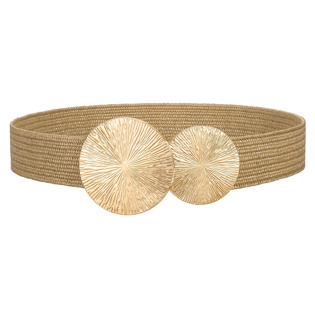 TEMU 1 pieza de cinturón de cintura elástico para mujer, de paja de PP de , elegante, con diseño de hebilla dorada de . cinturón de vestir de estilo