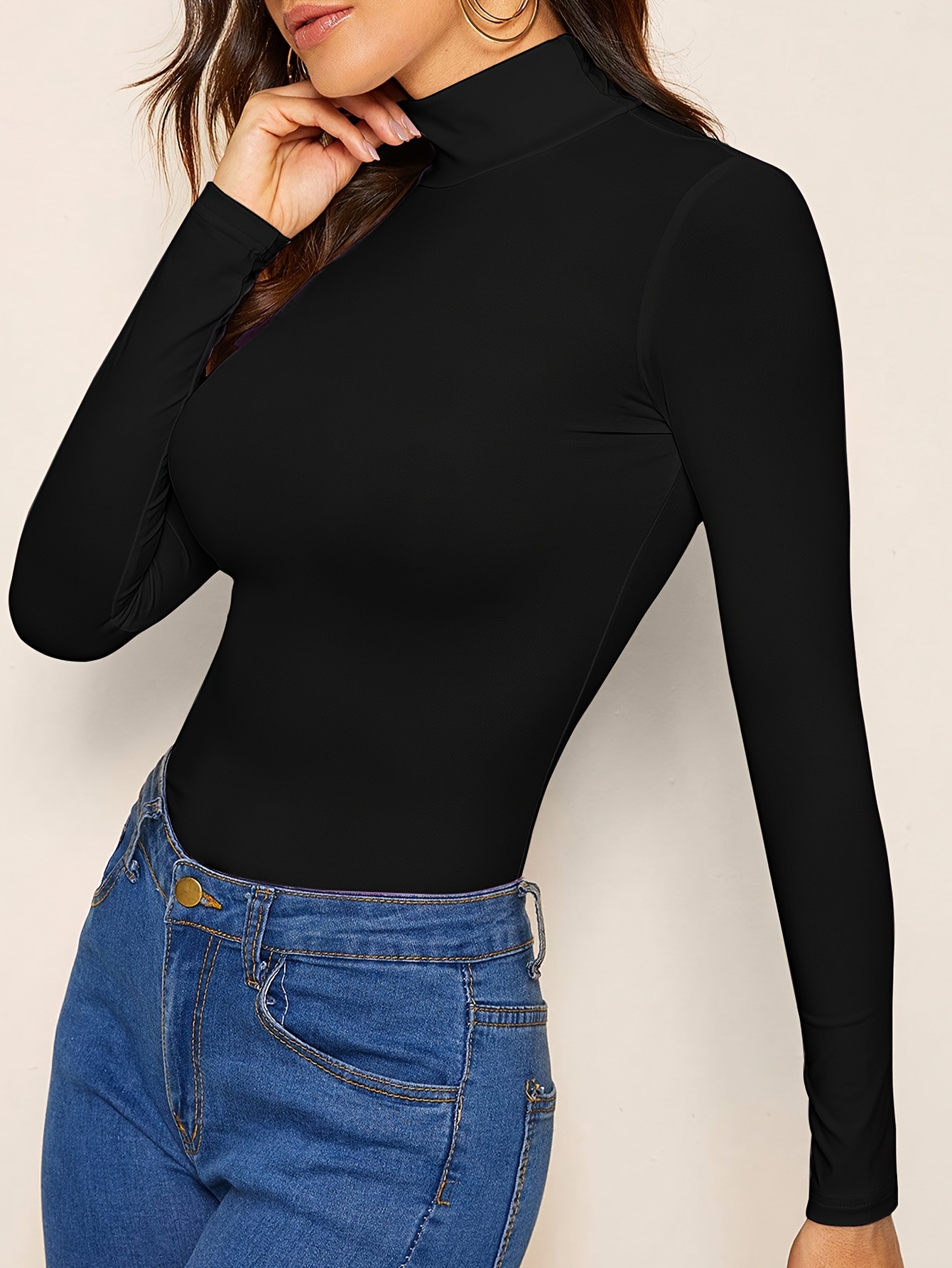 Solid Color Mock Neck T-Shirt, Versatile Long Sleeve T-Shirt For Spring & Fall, Women's Clothing