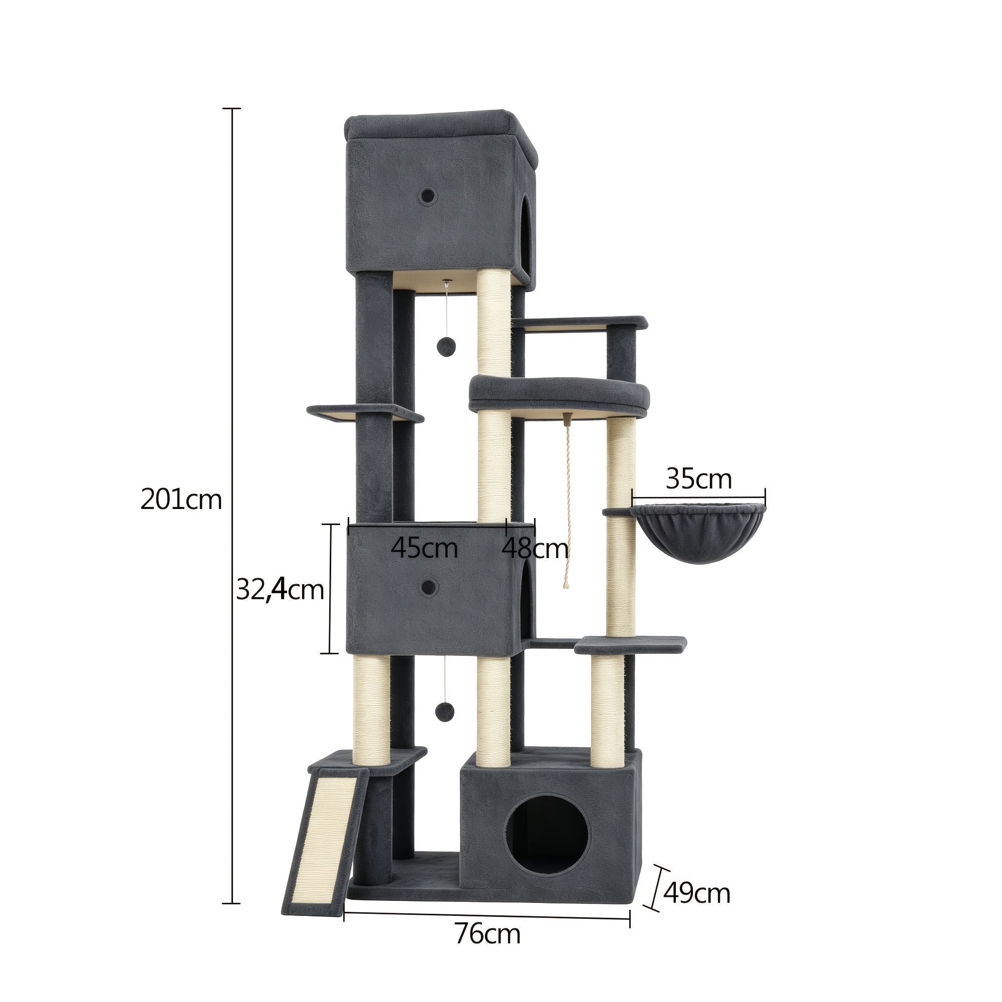 Super Large Cat Tree Xxl, 201cm High To Climbing Nature, Suitable For Large Cats, 7 Full Sisal Scratching Posts For Durability, Multi-cat Families Won't Fight, With 3 Cat Beds + Hanging Basket