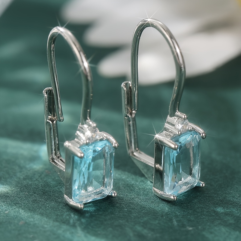 TEMU Elegant Square-shaped Earrings Made From Copper, Featuring Handcrafted Of Synthetic Light Blue Zirconia, Perfect For Women's Fashion And Parties