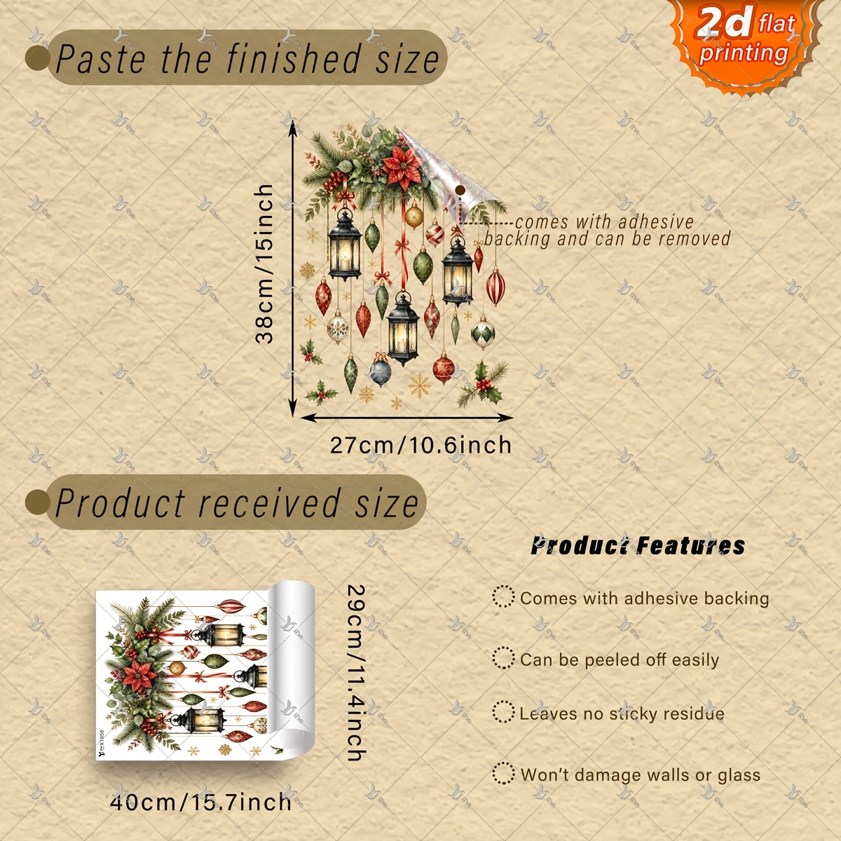 TEMU 2d Flat - 2d Flat - 1pc 2d Flat Printing Christmas Lantern Bauble Poinsettia Pine Branch 30*40cm Window Sticker Creative Self-adhesive Removable