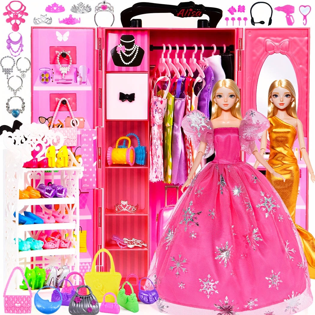 

11.5 Inch Girl Doll Closet With Doll Clothes And Accessories Set 105 Pcs Including Suitcase Clothes Dresses Shoes Hangers Necklace Bags (doll Not Included)