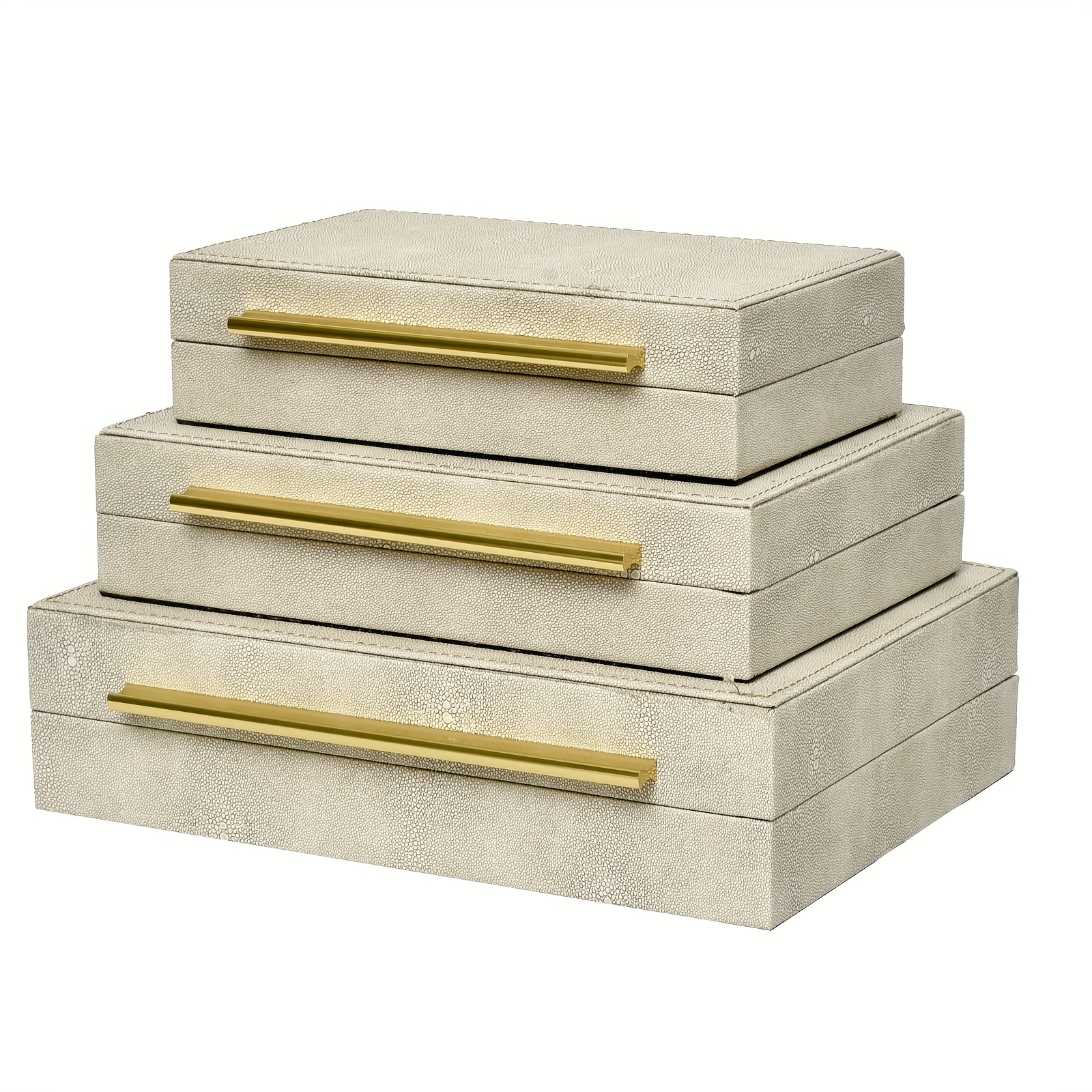 TEMU Faux Shagreen Leather Decorative Jewelry Storage Nesting Organizer Boxes With Lids Golden Handle Set Of 3, White