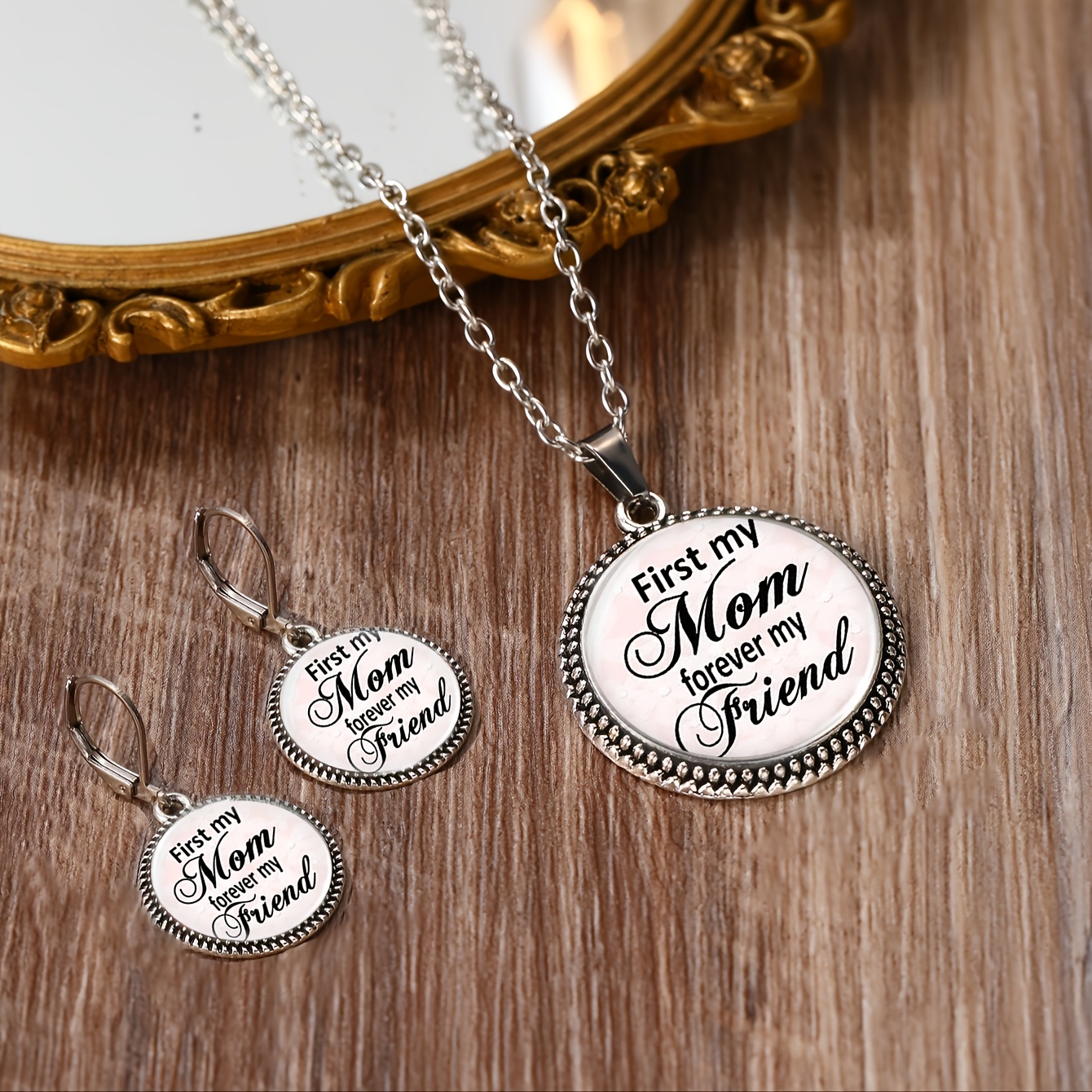 3pcs Classic Round Glass Base Necklace & Earrings Set