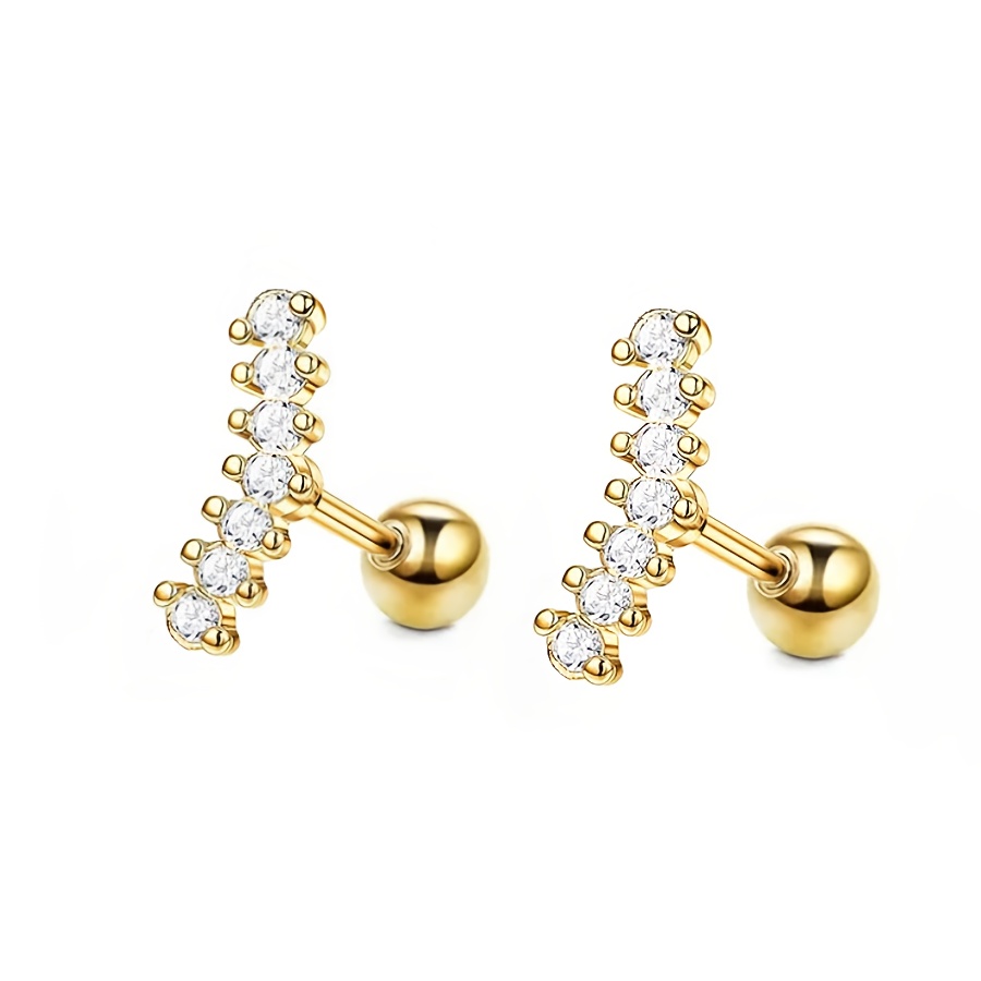 TEMU 1 Pair Of Elegant Curved Synthetic Zirconia Stud Earrings Stainless Steel Cartilage Pierced Earrings
