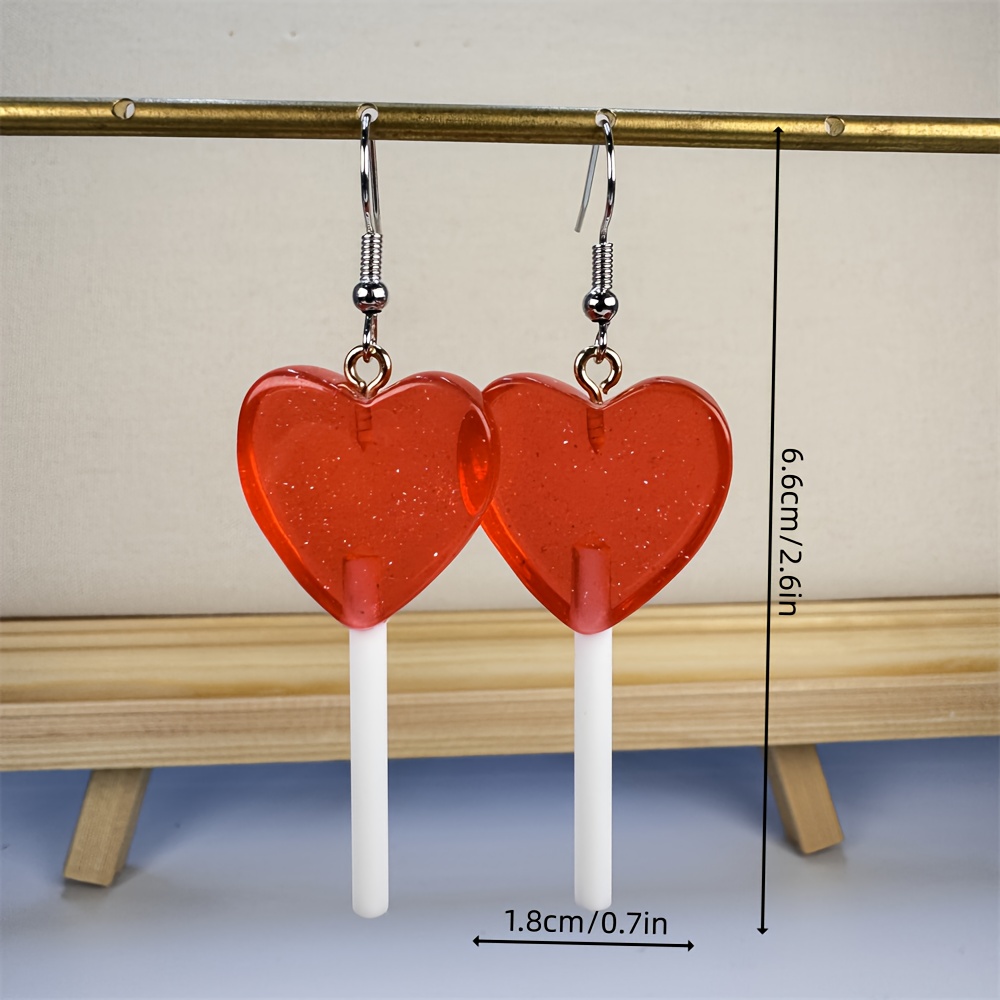candy color heart shape lollipop dangle earrings   resin jewelry valentines day gift for lovers details 3