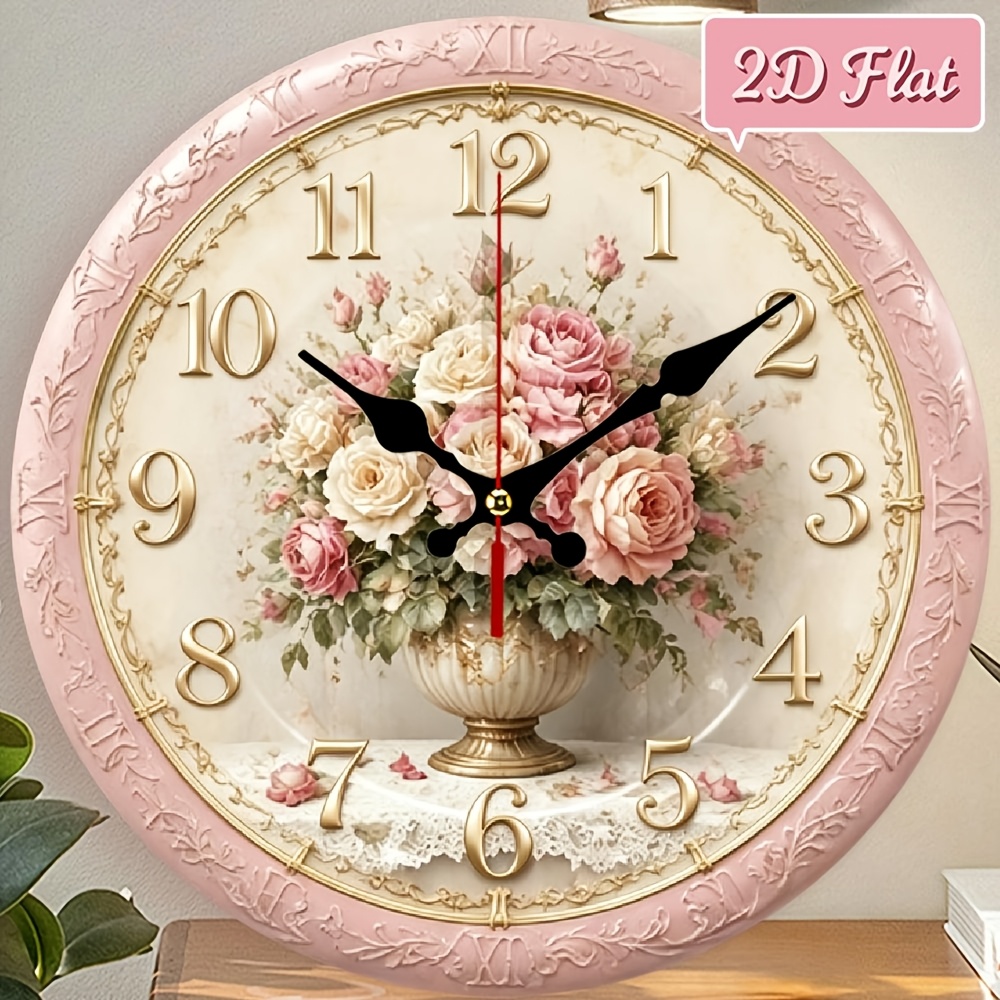 TEMU Rose & Nursery Wall Clock - 10x10 Inch Wood Silent Battery- Room Decor Suitable For Bedrooms, For Halloween, For Christmas, For Nurseries, For