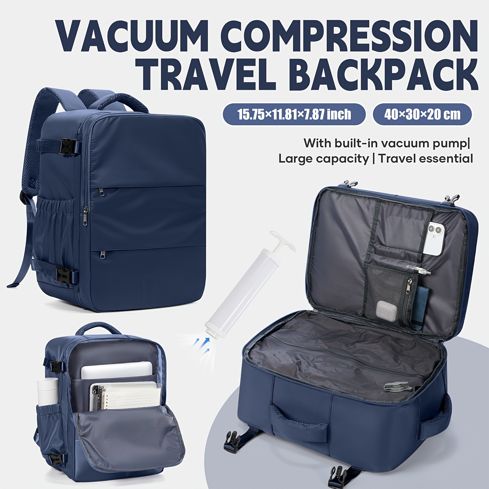 TEMU Sac à dos de voyage pour hommes et femmes, sacs à main de 40L avec système de compression sous vide à pompe, compartiment pour ordinateur