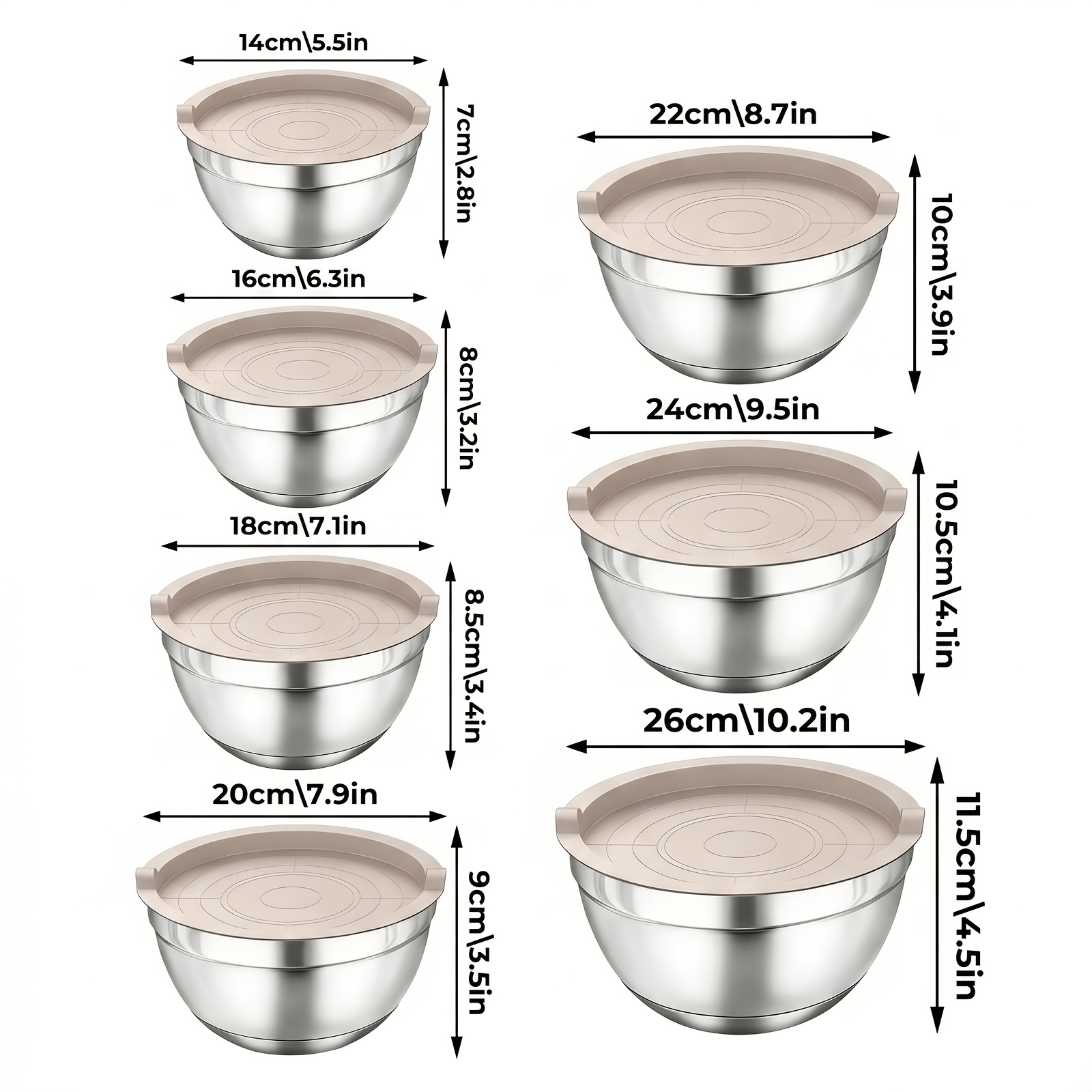 TEMU 21pcs Khaki Salad Bowls With Lids, Including 7pcs Stainless Steel Salad Bowls With Lids, 3pcs , And 11pcs Practical Kitchen Tools, Non-slip And