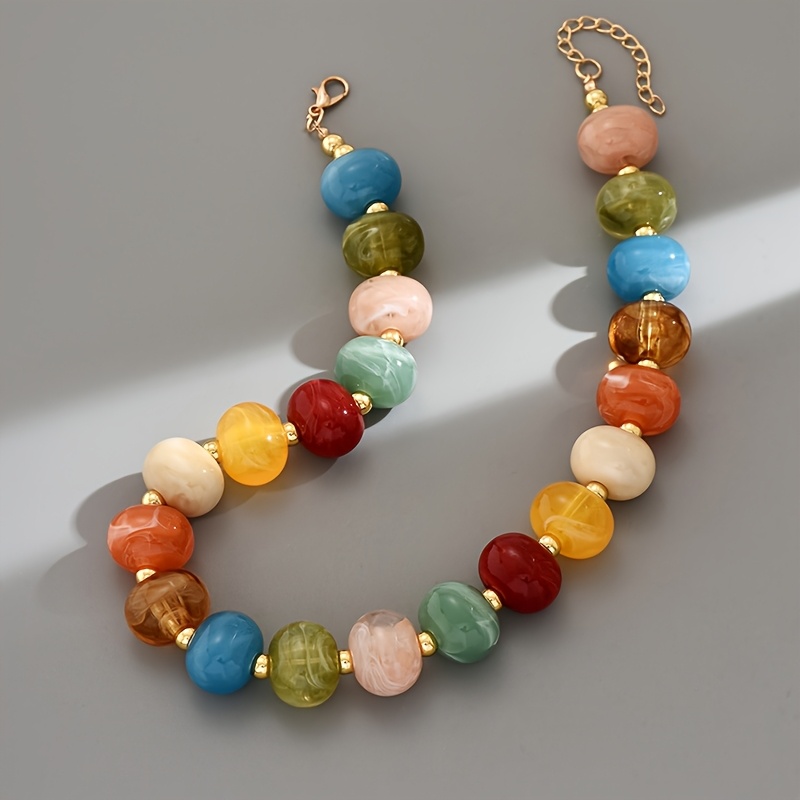 TEMU 1 Bohemian Geometric Acrylic Beaded Choker Necklace For Women, Bead Color Random