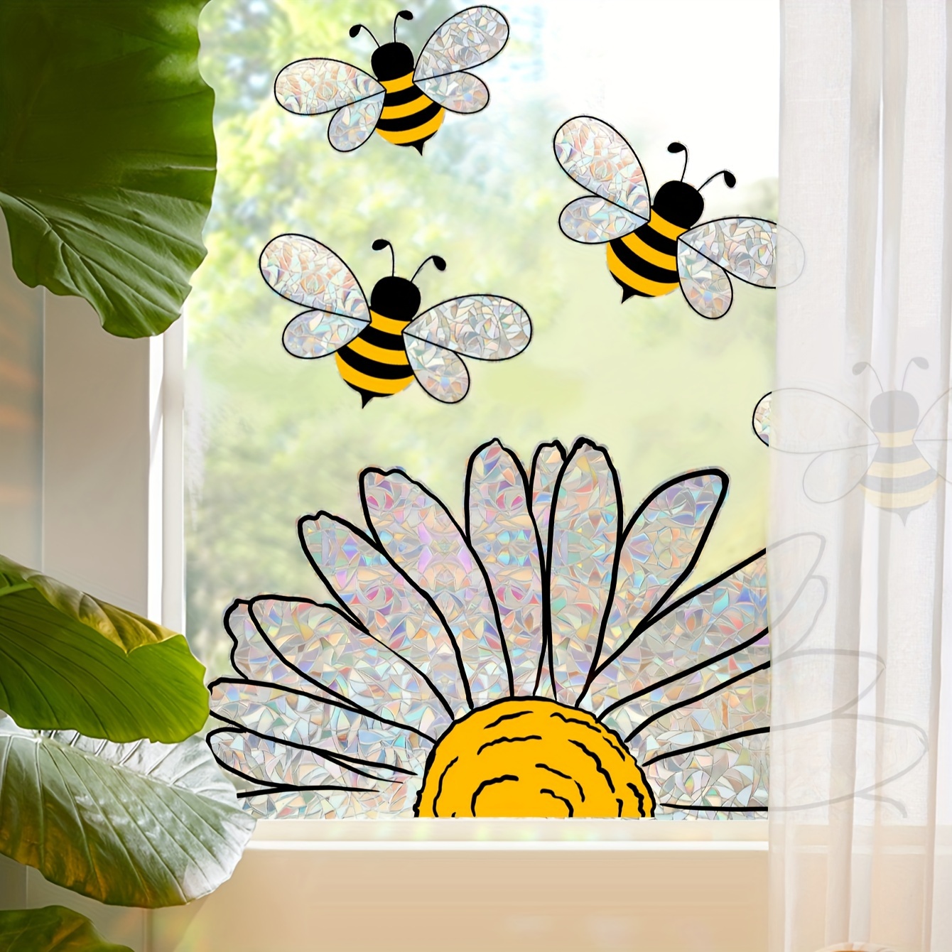 

1 Set Sunflower & Bee Stained Glass Effect Static-cling Window Decals, Colorful Home Decor, Non-adhesive Vinyl Plastic For Window Display, Aesthetic Home Decoration, Room Decor, Beautify Your Home