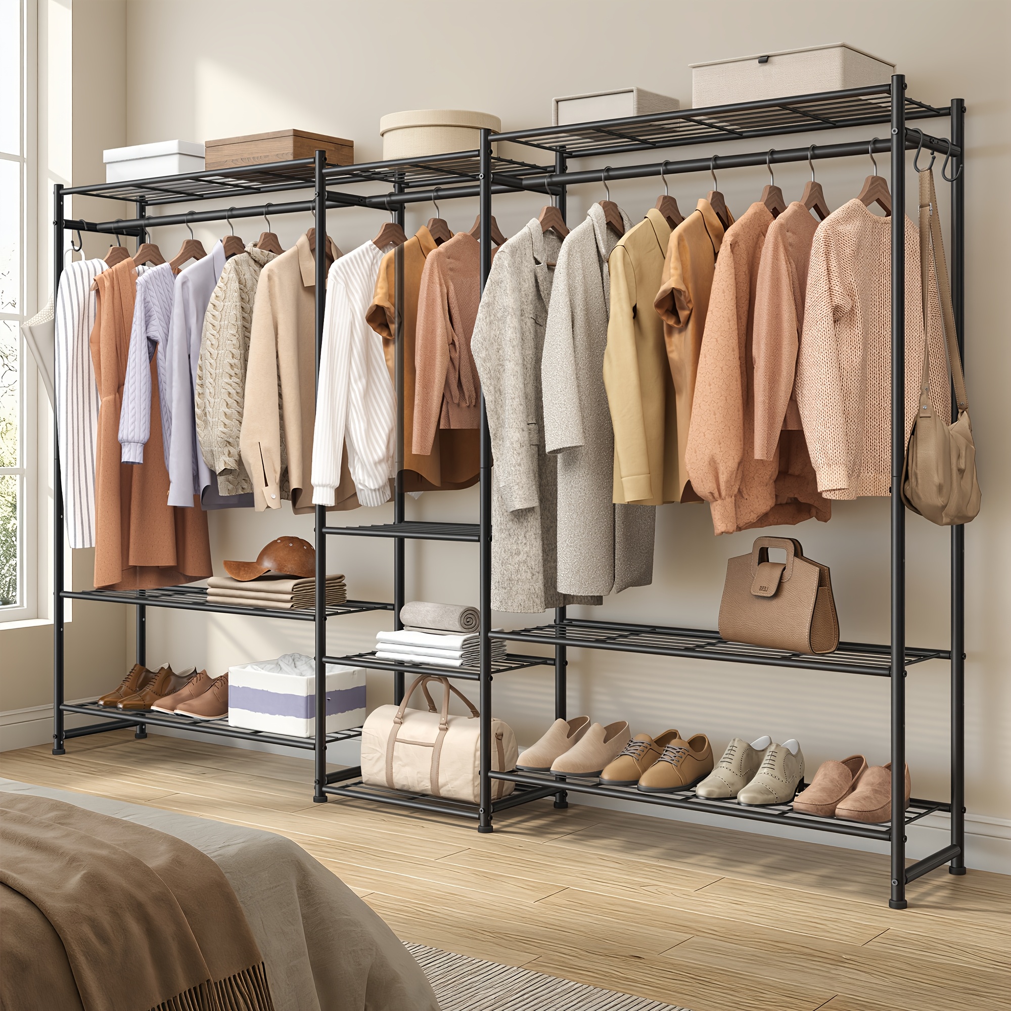 Metal Rack, Open Wardrobe, 10 Shelves, 3 Clothes Rails, Black, Portable Closets