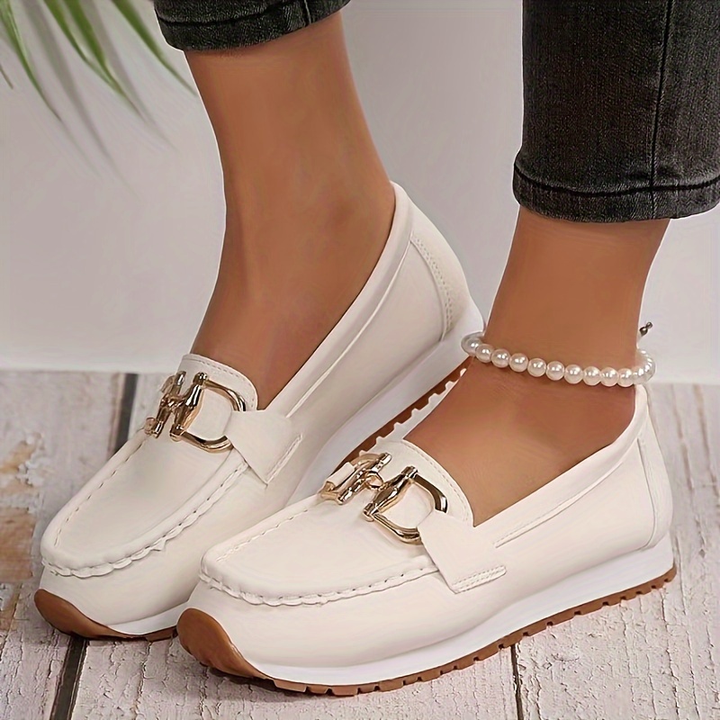 

Women's Fashion Solid Color Loafers, Casual Slip-on Shoes With Metallic Buckle, Comfortable Soft Sole Closed Toe Shoes