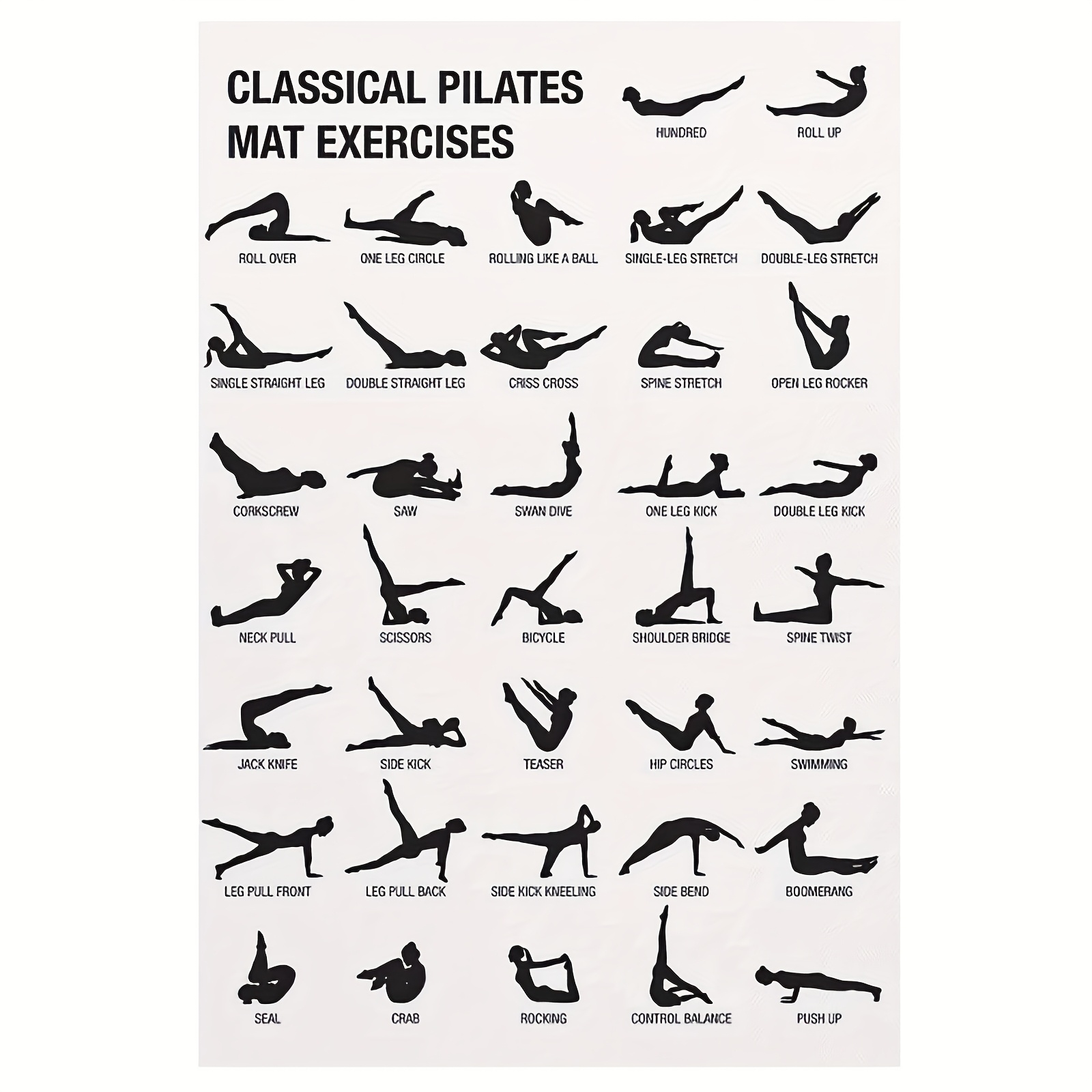 1pc Frameless Pilates Exercise Chart Canvas Wall Art Poster - 30.48x45.72 * &amp; White * Mat Exercises with Detailed Poses for Home Gym, * &amp; Workout Guide, 2D Flat, * Room Decor
