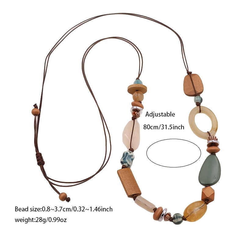 Handmade Long Ceramic Bead Necklace, Bohemian Vintage Style