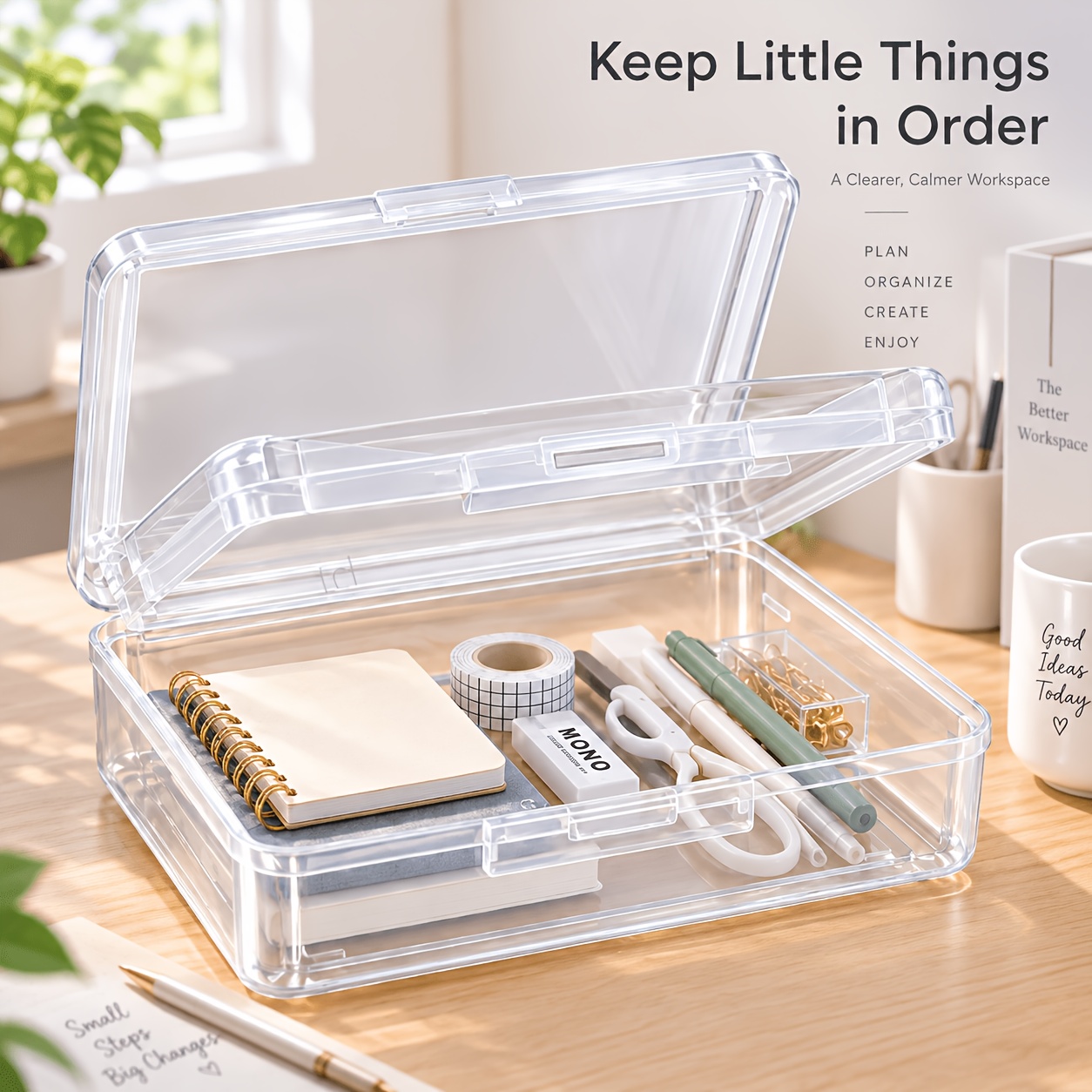 TEMU 1pc 2-layer Stationery Storage Box With Flip-up Tray, Portable Desktop Organizer With Snap Closure For Pens, Notes, Cards, Craft Supplies,