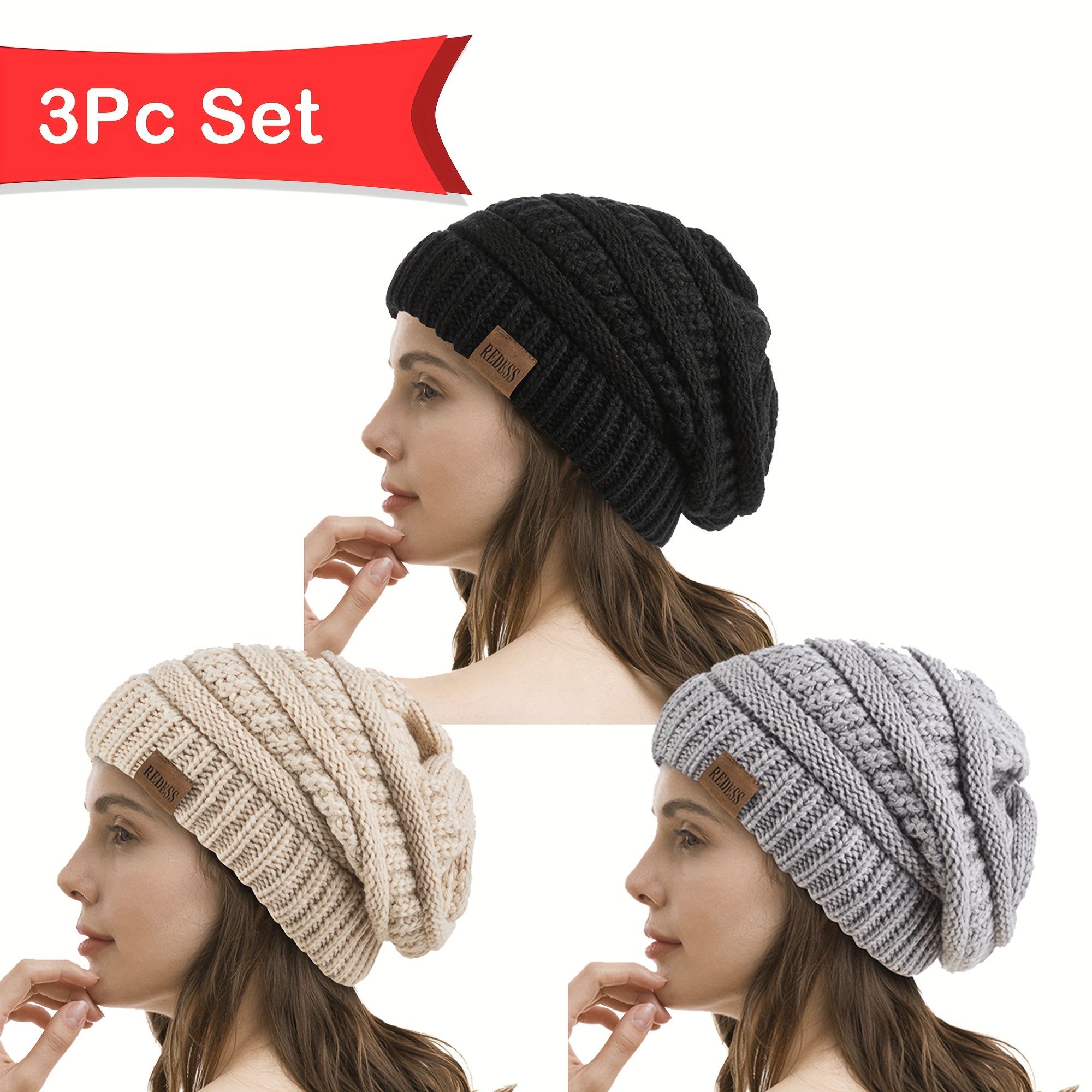 

3pcs Set Slouchy Beanie Hat For Men And Women Winter Warm Chunky Soft Oversized Cable Knit Cap