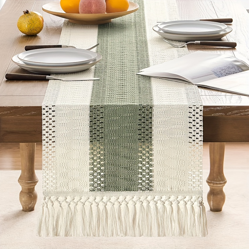 

1pc Macrame Style Stitching Table Runner, 12x72 Inch Green/ivory, Table Runners 72 Inches Long, Farmhouse Woven Home Decor For Restaurant