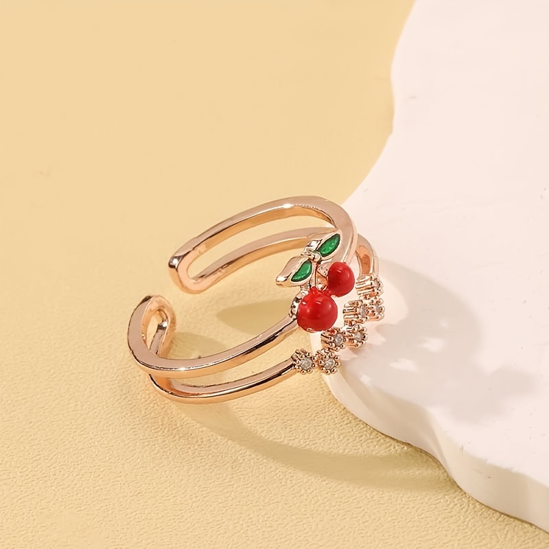 

Sweet And Cute Cherry Ring With Simple And Versatile Double-layer Micro-set Zirconia Adjustable Ring