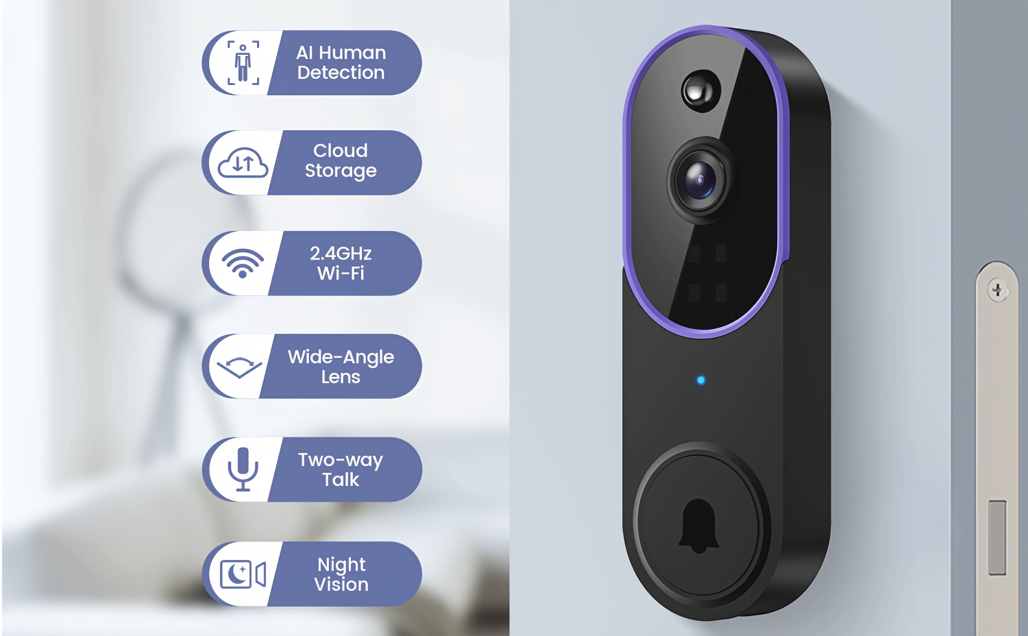 Sonnette Vidéo avec Caméra, Écran FHD 1080P, Communication Bidirectionnelle, Détection de Mouvement, Vision Nocturne, Connectivité Wifi 2.4G et une Grande Batterie de 5200Mah, Idéale pour la Sécurité de la Maison.