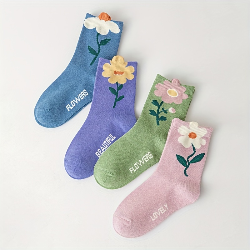 TEMU 4 Pairs Of Girls' Pattern Comfortable Cotton Crew Socks, Suitable For