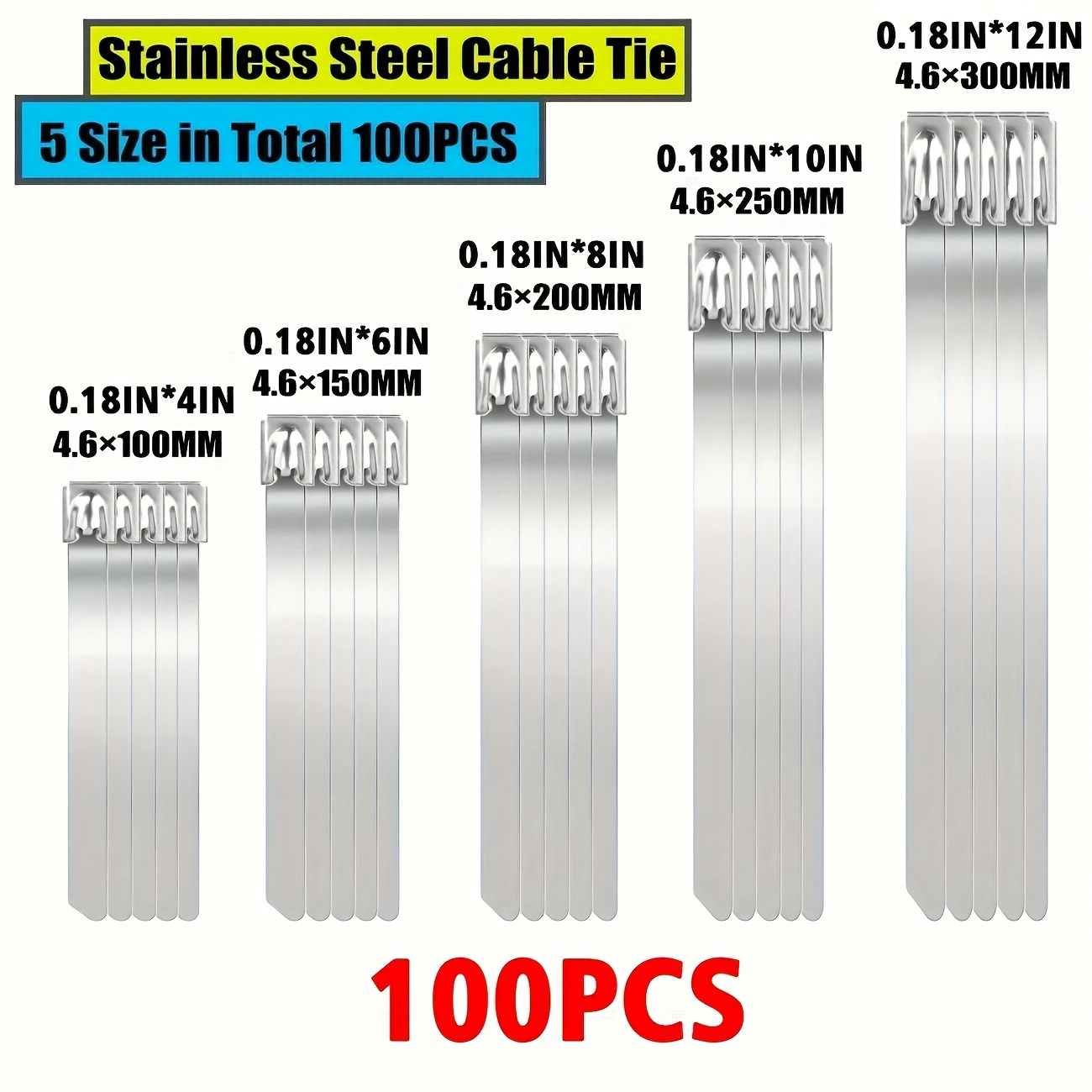 TEMU 100 Ultra-strong 304 Stainless Steel Cable Ties - Marine-grade, Thickened And Durable, Of Supporting Up To 300 With Self-locking Features,