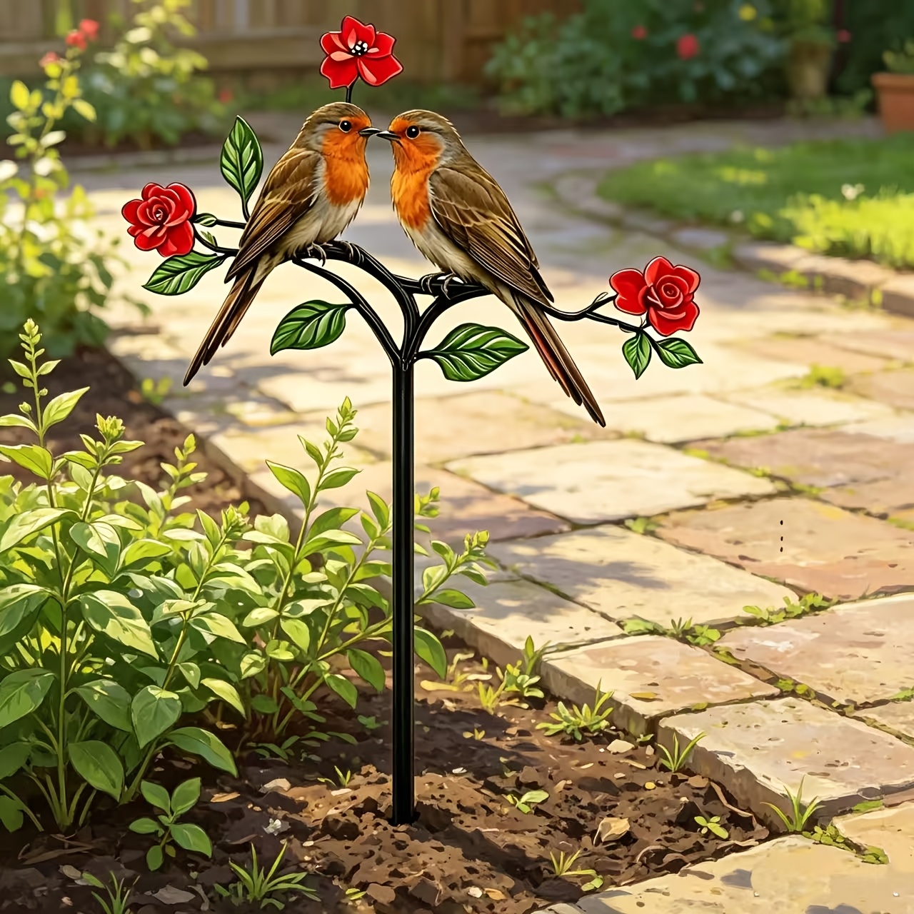 2d flat 2d flat 1pc colorful metal garden stake colorful two robin themed outdoor stake bright colors rust proof and sunscreen very suitable for   of gardens courtyards flower pots holiday decorations