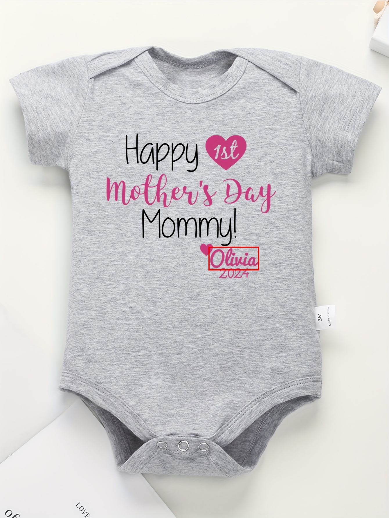 Customizable &*;Happy 1st Mother's Day Mommy&*; Baby Onesie Soft 100%  Cotton, Gray with Pink White Print, Comfortable Casual Round Neck Romper  for
