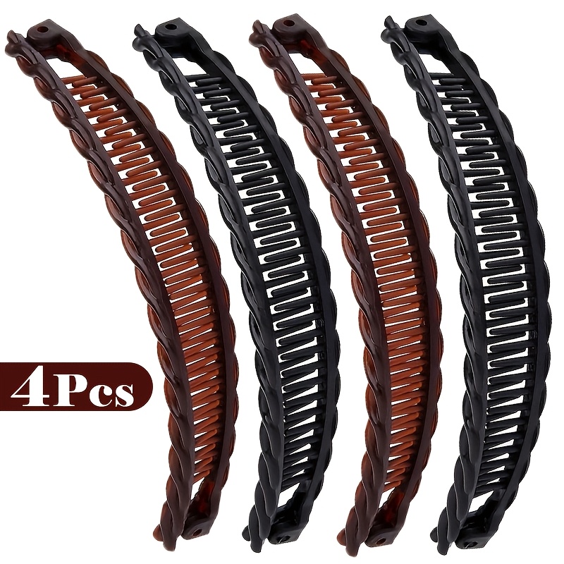 Image of 4pcs Women's Large Banana Hair Clips, Claw Clips, Vintage Non-slip Double-prong Comb Hair Accessories, Suitable For Thick, Long, Curly Hair—black