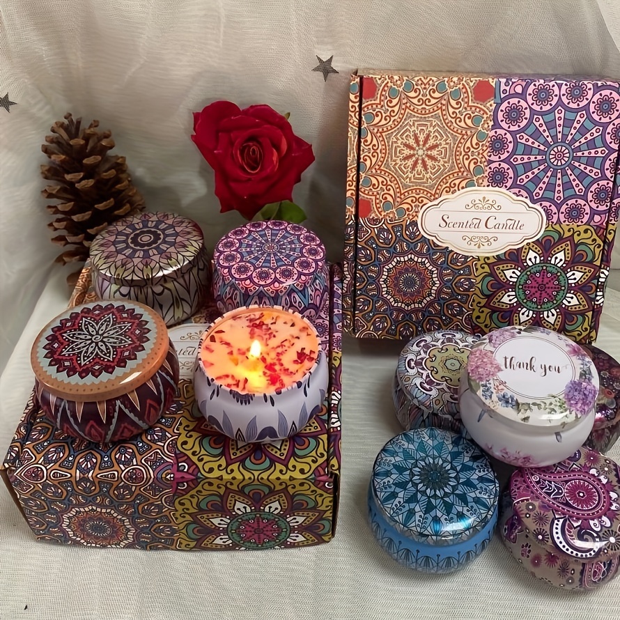 a gift set of 4 scented candles in a box each measuring 2 36in 1 57in featuring four fragrances   sandalwood violet japanese persimmon this soy wax gift set is a romantic christmas   for birthdays and weddings 1