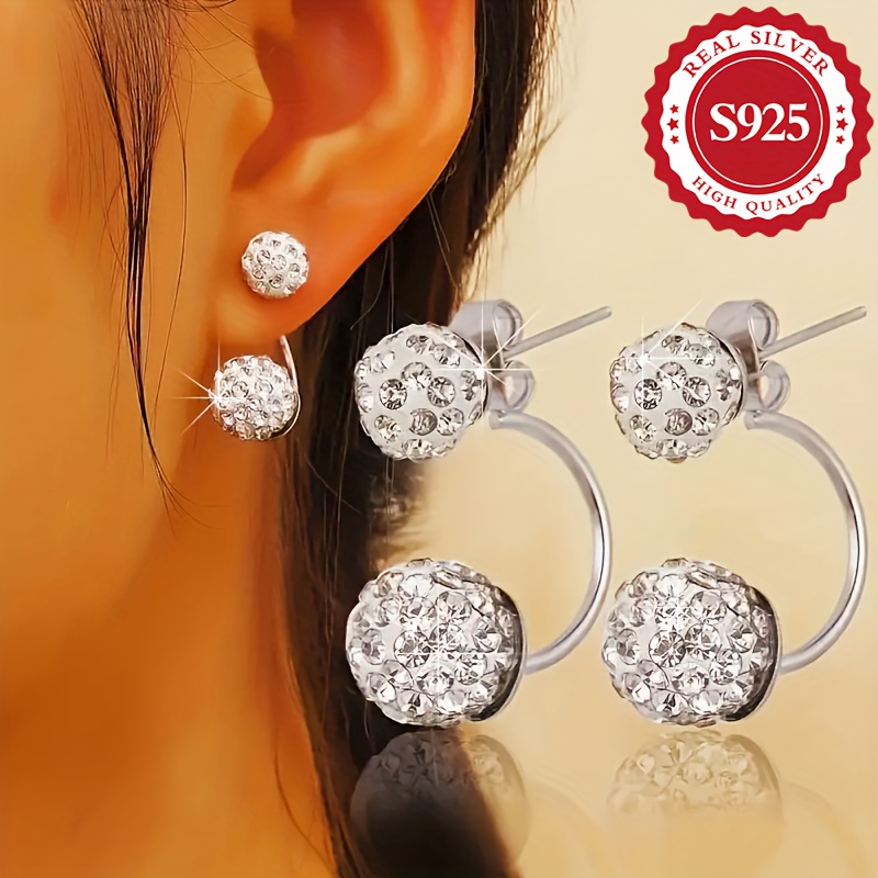 

925 Sterling Silver Double Glitter Ball Stud Earrings With Rhinestone, Luxurious Style, Fashionable For Parties, Banquets, Weddings, 2.3g Pair, Black Fashion Design