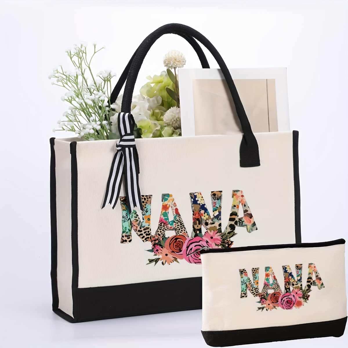 

1pc/2pcs Floral Nana Print Tote Bag, Fashion Canvas Shoulder Bag, Portable Shopping Bag With Makeup Bag, Best Gift