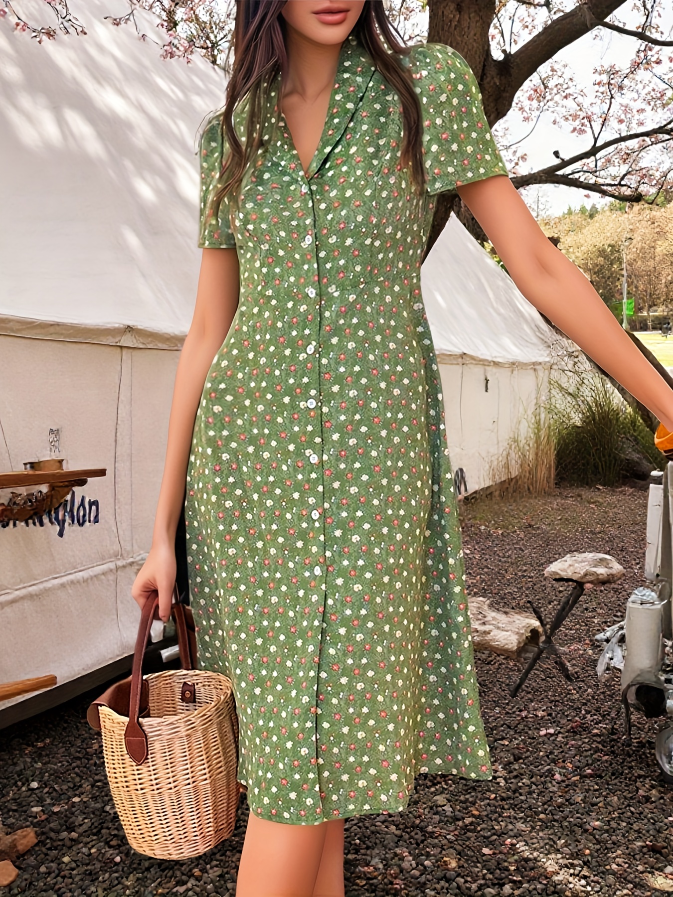 green ditsy floral dress Vintage Ditsy Floral Lapel Button Tea Dress | Shirt Dress main image 1