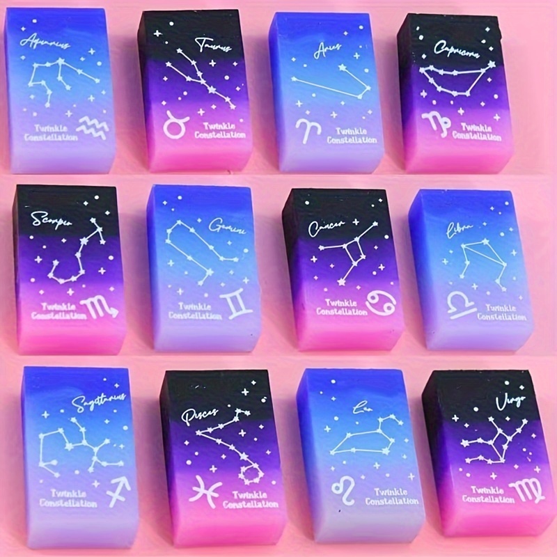 

24 Pack Zodiac Constellation Cube Erasers - Pvc Rectangular Shaped, Minimal Residue, Gradient Sky Design School Supplies