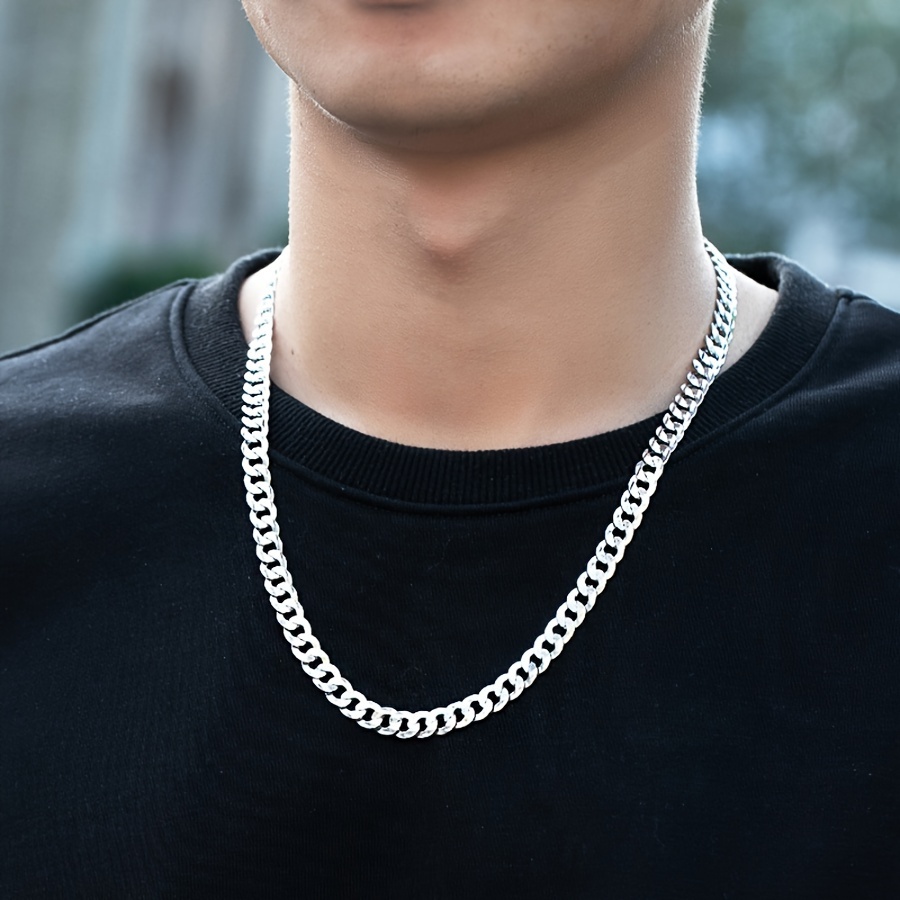 

925 Sterling Silver Chain Necklace For Men, Fashion 20-inch Flat Cuban Link, 5mm Width, No Mosaic, Plated Jewelry