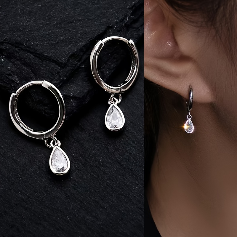 

Elegant 925 Silver Hypoallergenic Water Pendant Earrings With Sparkling Zirconia, Needle Inlaid - Holidays And Casual Attire, Pair, Pendant Earrings