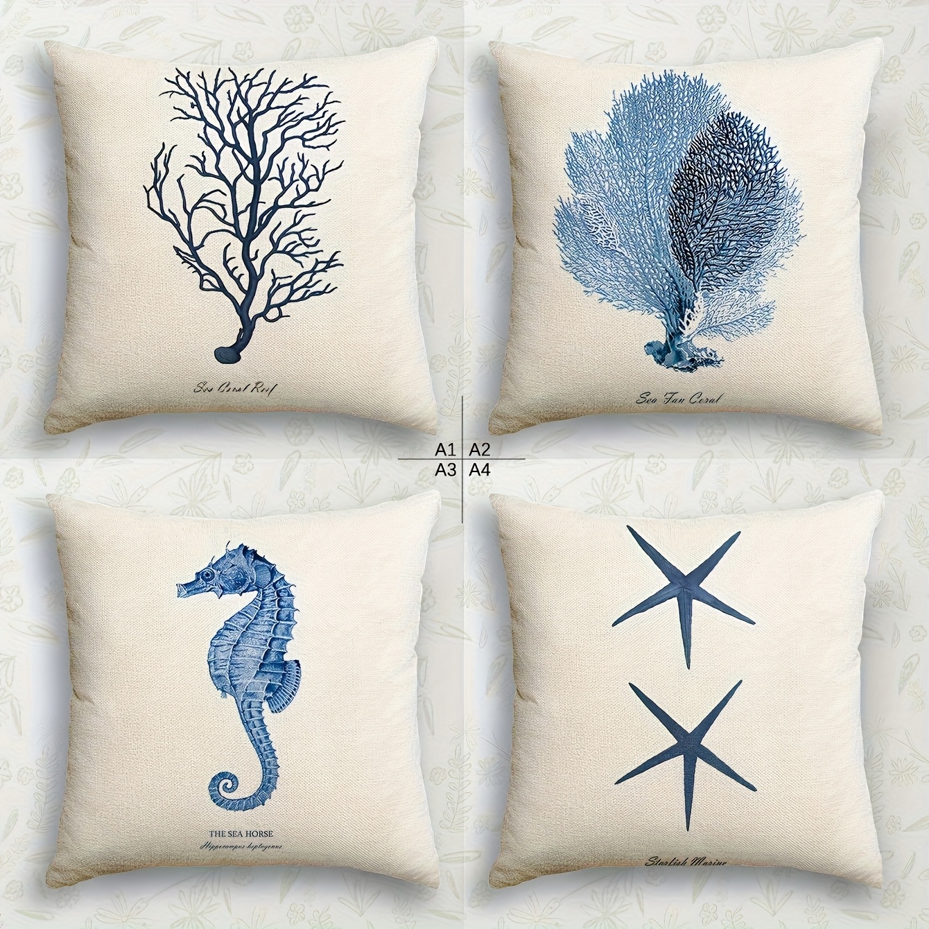 TEMU Dokriy 4pcs, Vintage Square Pillowcase, Coral Seahorse Starfish Pattern, Living Room Decorative Pillowcase, Home Decor (single-sided, No Pillow