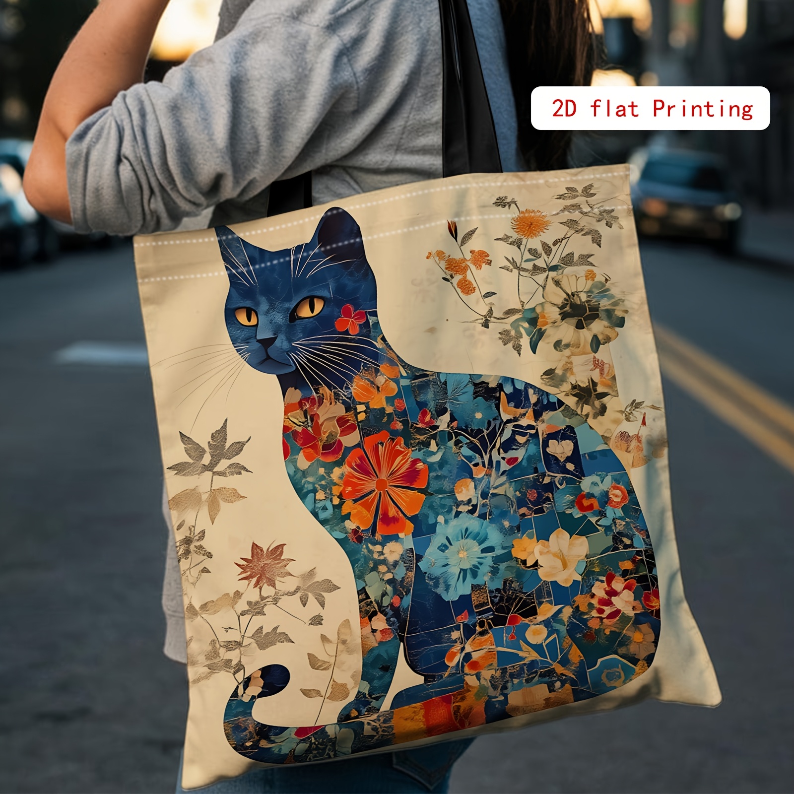 TEMU 【商品名】風変わりな花柄プリント、ブルーキャットの大容量ショルダーバッグ、おしゃれなプリントハンドバッグ、レディーストートバッグ。普段のお買い物、オフィス、家族の集まり、ホリデー旅行に最適。