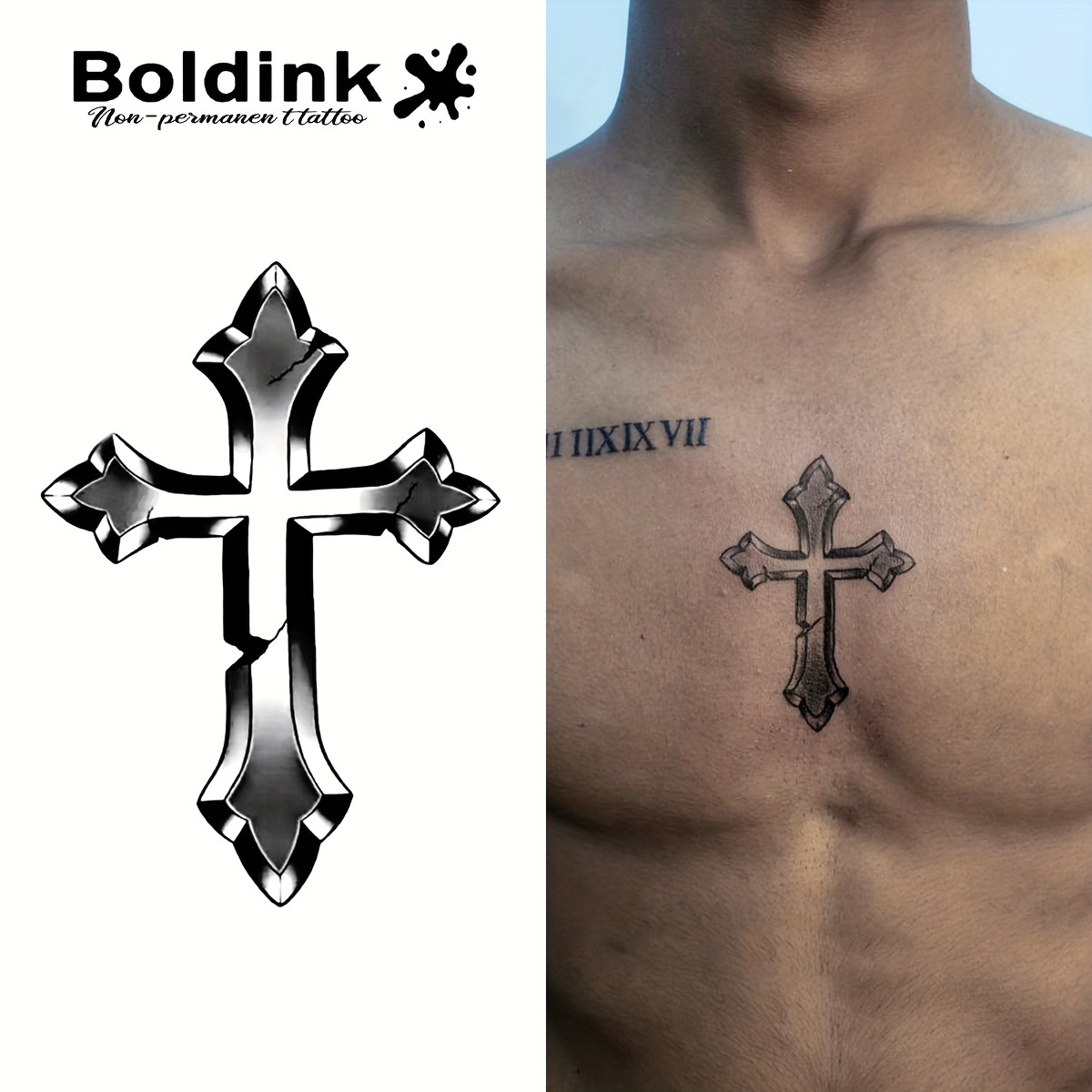 * Temporäre Tattoo-Technologie mit Kreuz-inspiriertem Design für Männer,  wasserfest, realistisch, einfach zu verwenden aufzutragen, hält 1-2 Wochen,  Anfänger-Tattoo, echter Tattoo-Effekt, Simulation, ..., image size:1200x1200